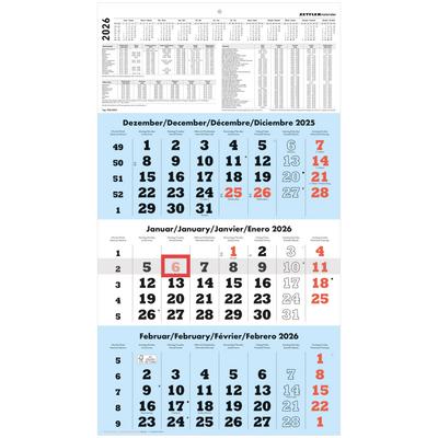 3-Monatskalender blau 2026 - 33x45 - mit Kopftafel - Datumsschieber - 958-0015