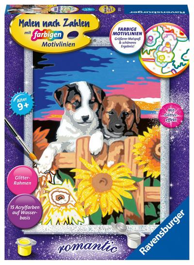 Ravensburger Malen nach Zahlen 28765 - Welpen im Sonnenuntergang - Kinder ab 9 Jahren