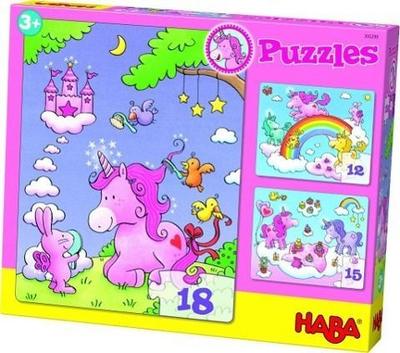 Puzzles Einhorn Glitzerglück. 3 Motive 12, 15, 18 Teile