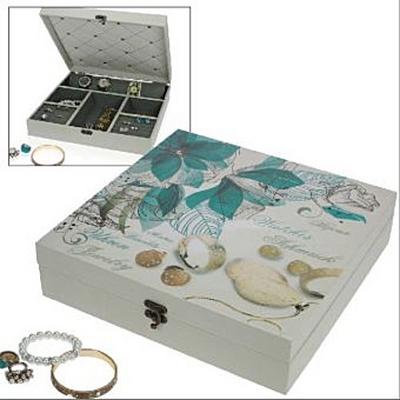 Schmuck- und Uhrenschatulle Ideal für Schmuck, Ketten, Ringe, Uhren - im modernen Retro-Sil · Aus Holz. · Innen mit edlem Samt ausgeschlagen. · Maße: ca.330 x 330 x 80 mm.