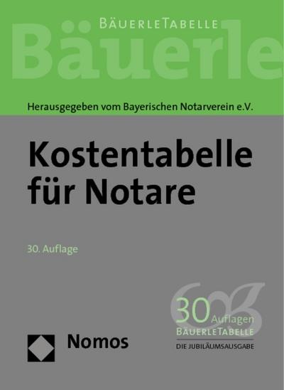 Kostentabelle für Notare: Bäuerle Tabelle. Rechtsstand: 01.10.2011