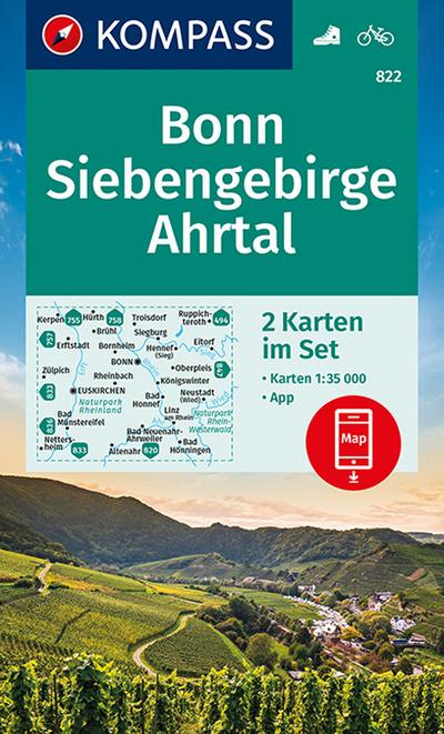 KOMPASS Wanderkarte Bonn, Siebengebirge, Ahrtal: 2 Wanderkarten 1:35000 im Set inklusive Karte zur offline Verwendung in der KOMPASS-App. Fahrradfahren. (KOMPASS-Wanderkarten, Band 822)