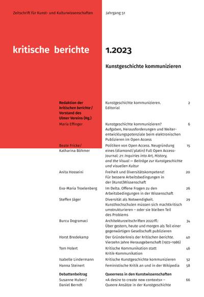 Kritische Berichte : Zeitschrift für Kunst-                                                  und Kulturwissenschaften / Jahrgang 51, Heft                                                  1.2023
