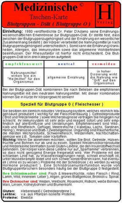 Blutgruppen-Diät - Blutgruppe 0 - Medizinische Taschen-Karte