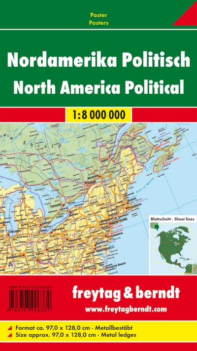Nordamerika politisch, 1:8 Mill., Poster, metallbestäbt