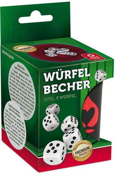 Premium Würfelbecher + 6 Würfel, Aufh.-FS, VE 6