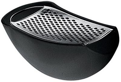 Alessi Parmenide, Reibe mit Käsedose aus thermoplastischem Harz schwarz, und Reibe aus Edelstahl glänzend poliert
