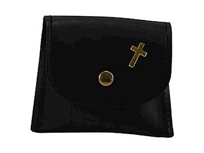 Rosenkranztäschchen schwarz, mit goldenem Kreuz und Druckknopf