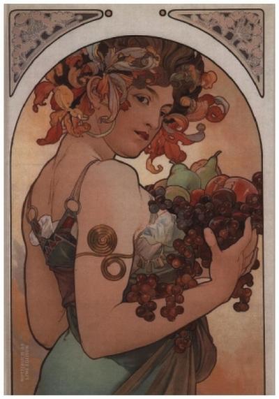 Notizbuch schön gestaltet mit Leseband - A5 Hardcover blanko - Alfons Mucha "Früchte" - 100 Seiten 90g/m² - FSC Papier