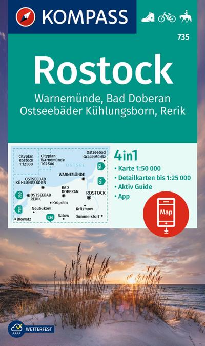 KOMPASS Wanderkarte 735 Rostock, Warnemünde, Bad Doberan, Ostseebäder Kühlungsborn, Rerik 1:50.000