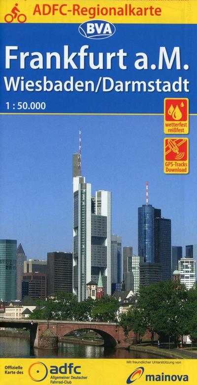 ADFC-Regionalkarte Frankfurt a. M. Wiesbaden/Darmstadt, 1:50.000, mit Tagestourenvorschlägen, reiß- und wetterfest, E-Bike-geeignet, GPS-Tracks Download