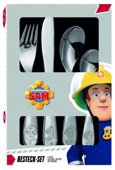 POS 27138 - Besteckset mit Feuerwehrmann Sam Prägung, 4 teiliges Kinderbesteck aus rostfreiem Edelstahl, spülmaschinengeeignet, bestehend aus Messer, Gabel, großer und kleiner Löffel