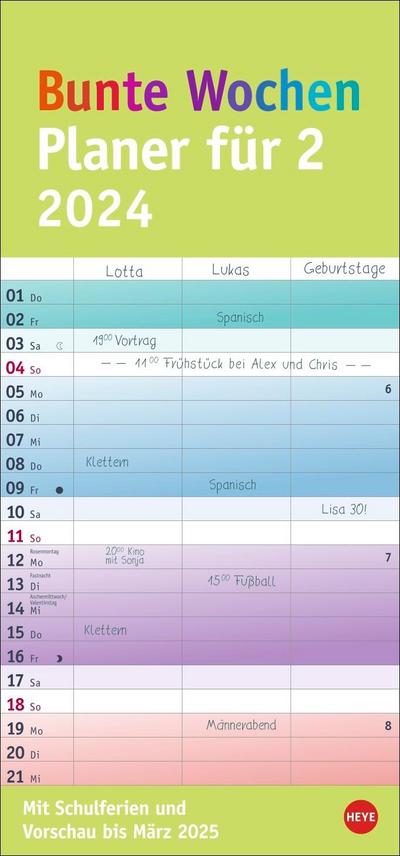 Bunte Wochen Planer für 2 2024. Praktischer Wandplaner für zwei mit 3 Spalten. Wandkalender mit Schulferien und 3-Monats-Ausblick. Terminkalender 2024 zum Eintragen.