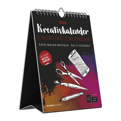 Kreativ-Kalender Tischaufsteller hoch schwarz 2026 - 16 x 20 -  Foto, Malen, Basteln A4 - datiert - Kreativkalender - Foto-Kalender - Alpha Edition