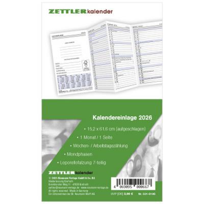 Zettler Kalenderersatzeinlage TP 1M/1S Leporello 2026 - Ersatzkalendarium 9 × 15 cm für Taschenplaner Typ 501, 1 Monat pro Seite, 7-teilige Leporellofalzung, Klarsichthülle, Druck grau/blau, FSC