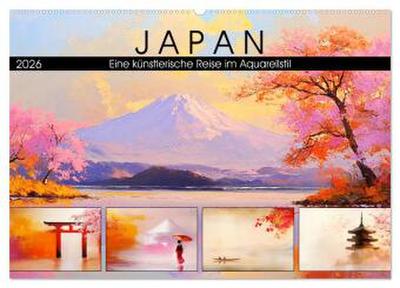 Japan. Eine künstlerische Reise im Aquarellstil (Wandkalender 2026 DIN A2 quer), CALVENDO Monatskalender