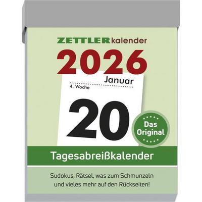 Zettler Tagesabreißkalender M 2026 5,4x7,2 cm Bürokalender 1 Tag auf 1 Seite mit Sudokus, Sprüchen, Rätseln uvm. Auf den Rückseiten