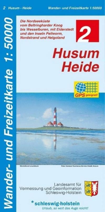Wander- und Freizeitkarte Husum - Heide: Die Nordseeküste vom Beltringharder Koog bis Wesselburen, mit Eiderstedt und den Inseln Pellworm, Nordstrand und Helgoland