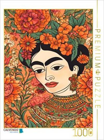 CALVENDO Puzzle Blühende Stärke. Frida Kahlo inspiriert. Frauenporträt in warmen Blumentönen | 1000 Teile Lege-Größe 64x48cm Foto-Puzzle für glückliche Stunden