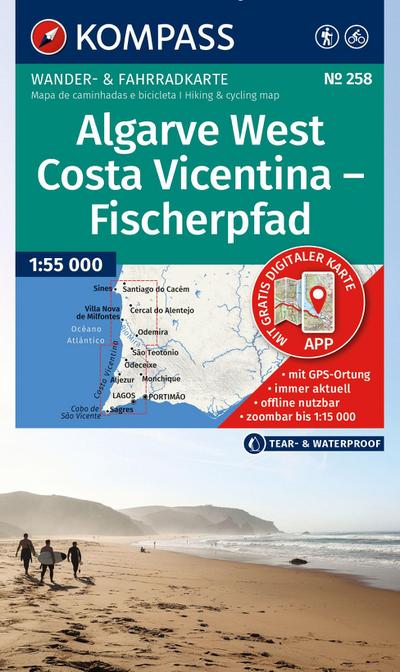 KOMPASS Wanderkarte 258 Algarve West, Costa Vicentina - Fischerpfad 1:55.000