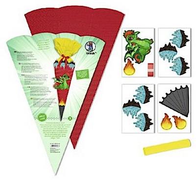 Ursus 9890002 Bastelset Baby Drache, Easy Line, 6 eckige Schultüte aus 3D Wellpappe, Bastelkrepp, Satinband und Stanzteile, alle Teile vorgestanzt, Höhe 41 cm, Durchmesser 15 cm, bunt
