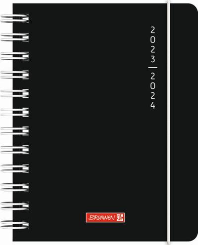 BRUNNEN 1071755124 Tageskalender Schülerkalender 2023/2024 "Plain Black" 1 Seite = 1 Tag, Sa. + So. auf einer Seite Blattgröße 12 x 16 cm A6 PP-Einband