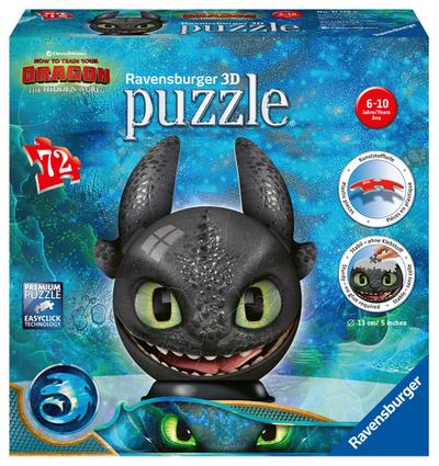 Ravensburger 3D Puzzle 11145 - Puzzle-Ball  Dragons 3 Ohnezahn mit  Ohren- 72 Teile - Puzzle-Ball für Fans von Dragons ab 6 Jahren