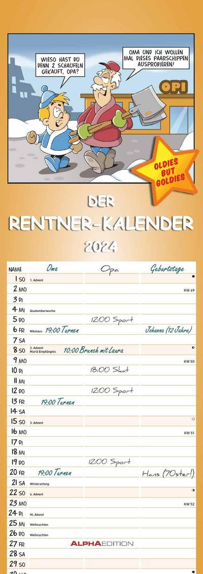 Rentnerkalender 2024 - Streifen-Kalender 15x42 cm - mit lustigen Cartoons - Humor-Kalender - Wandplaner - Alpha Edition