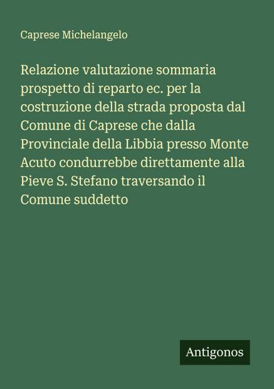 Relazione valutazione sommaria prospetto di reparto ec. per la costruzione della strada proposta dal Comune di Caprese che dalla Provinciale della Libbia presso Monte Acuto condurrebbe direttamente alla Pieve S. Stefano traversando il Comune suddetto
