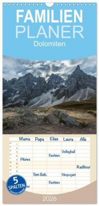 Familienplaner 2026 - Dolomiten mit 5 Spalten (Wandkalender, 21 x 45 cm) CALVENDO