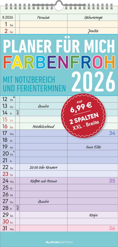 Planer für mich Farbenfroh 2026 - Familien-Timer 22x45 cm - mit Ferienterminen - Wand-Planer - mit vielen Zusatzinformationen - Alpha Edition