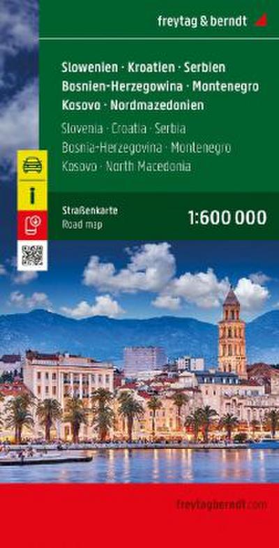 Slowenien - Kroatien - Serbien - Bosnien-Herzegowina - Montenegro - Kosovo - Nordmazedonien, Straßenkarte 1:600.000, freytag & berndt