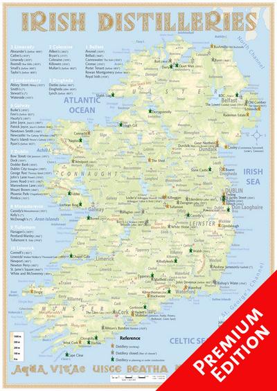 Whiskey Distilleries Ireland - Poster 42x60cm Premium Edition: The Whiskey Landscape of Ireland in Overview: The Whiskylandscape in Overview - Maßstab 1 : 925.000