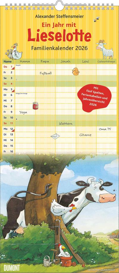 Die Kuh Lieselotte Familienkalender 2026 - Von Alexander Steffenmeier - Familienplaner mit 5 Spalten - Format 22 x 49,5 cm