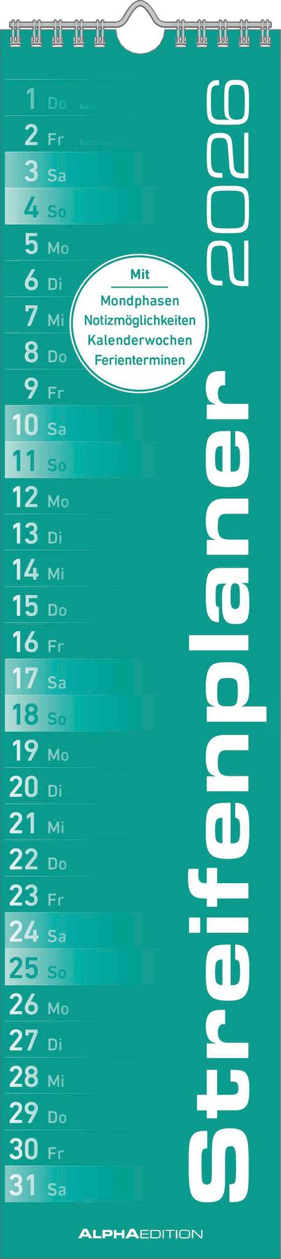 Streifenplaner MINT 2026 - Streifenkalender - Wandplaner - Küchen-Kalender - 11,3x49,5