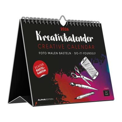 Kreativ-Kalender Tischaufsteller quer schwarz 2026 - Kreativ-Kalender - DIY-Kalender - Kalender zum Basteln - Tischkalender - 20x16