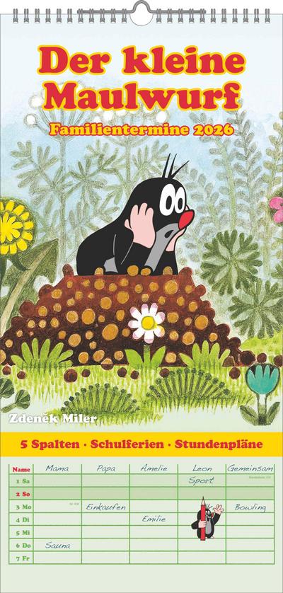 N NEUMANNVERLAGE - Der kleine Maulwurf 2026 Familienplaner, 22x45cm, Familienkalender mit 5 Spalten für Termine und Notizen, schöne Abbildungen, Stundenpläne, Schulferien und deutsches Kalendarium
