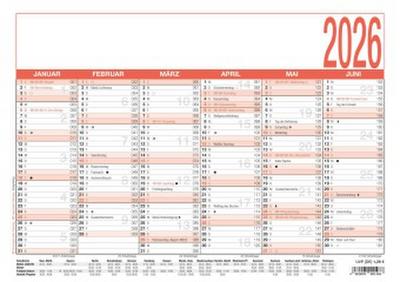 Zettler Arbeitstagekalender A4 2026 - Bürokalender groß 30 × 21 cm, 6 Monate pro Seite, Arbeitstage-, Tages- & Wochenzähler, Ferienübersicht, Feiertage, Mondphasen, Wandkalender kompakt, FSC Karton