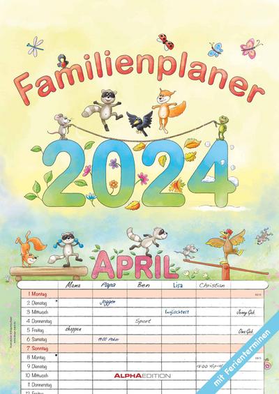 Familienplaner Cartoon 2024 - Familienkalender A3 (29,7x42 cm) - mit 6 Spalten, Ferienterminen (DE/AT/CH) und viel Platz für Notizen - Wandkalender