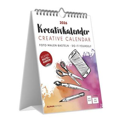 Kreativ-Kalender Tischaufsteller hoch weiß 2026 - 16 x 20 -  Foto, Malen, Basteln A4 - datiert - Kreativkalender - Foto-Kalender - Alpha Edition