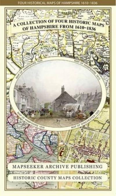 Hampshire 1610 - 1836 - Fold Up Map that features a collection of Four Historic Maps, John Speed’s County Map 1611, Johan Blaeu’s County Map of 1648, Thomas Moules County Map of 1836 and a Plan of Winchester 1805 by Cole and Roper. The maps also feature three historic views from the 1840’s, Gosport, Men of War at Spithead and The Saluting Platform at Portsmouth.