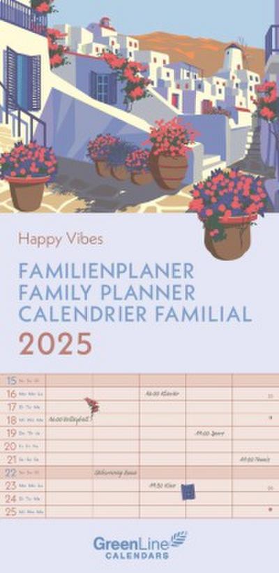 GreenLine - Happy Vibes 2025 Familienplaner, 22x45cm, Familienkalender mit effizienter Monatsaufteilung in 5 Spalten, für Familienorganisation, Schulferien und Stundenpläne, mit Spiralbindung