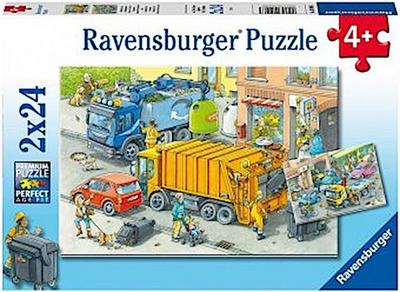 Ravensburger Kinderpuzzle - 05096 Müllabfuhr und Abschleppwagen - Puzzle für Kinder ab 4 Jahren, mit 2x24 Teilen