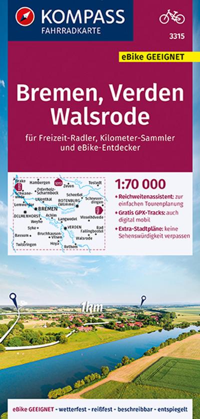 KOMPASS Fahrradkarte 3315 Bremen, Verden, Walsrode 1:70.000: reiß- und wetterfest mit Extra Stadtplänen