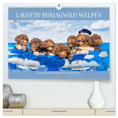 Lagotto Romagnolo Welpen - Sieben kleine Weltentdecker auf großer Fahrt (hochwertiger Premium Wandkalender 2026 DIN A2 quer), Kunstdruck in Hochglanz
