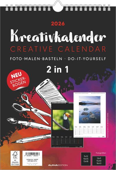 Kreativ-Kalender A4 - 2 in 1: schwarz und weiss 2026 - 21 x 29,7 -  Foto, Malen, Basteln - datiert - Kreativkalender - Foto-Kalender - Alpha Edition