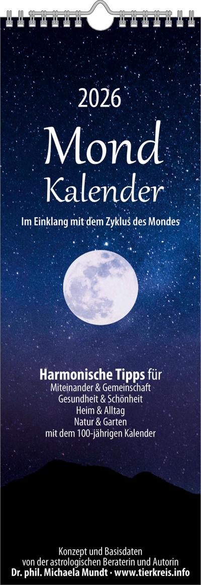 Mondkalender 2026- Streifen-Kalender 14,85x42 cm - Wandplaner - mit 100-jährigem Kalender - viele praktische Tipps - Mond-Kalender - Alpha Edition