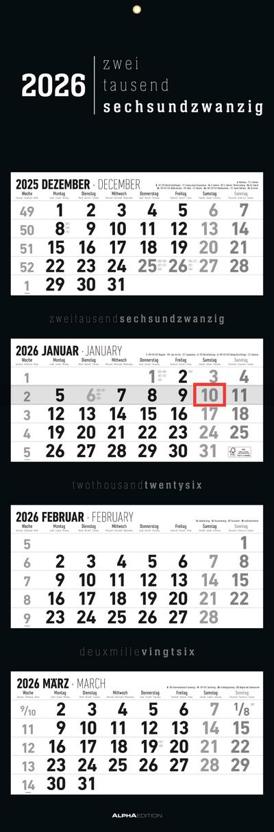 4-Monatskalender Black 2026 - Büro-Kalender 33x20 cm (geschlossen), 33x100 (geöffnet) - faltbar - mit Datumsschieber - Alpha Edition