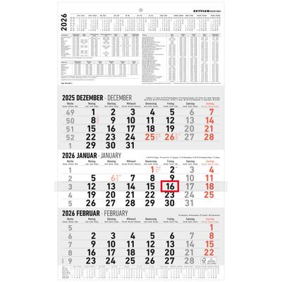 3-Monatskalender groß 2026 - Büro-Kalender 30x48,8 cm (geöffnet) - mit Datumsschieber - Zettler - 954-0011