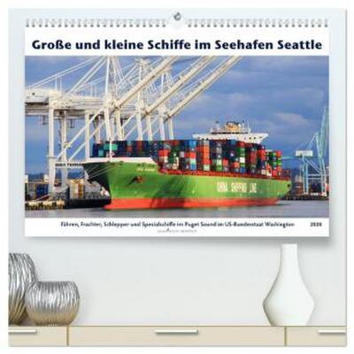 Große und kleine Schiffe im Seehafen Seattle (hochwertiger Premium Wandkalender 2026 DIN A2 quer), Kunstdruck in Hochglanz